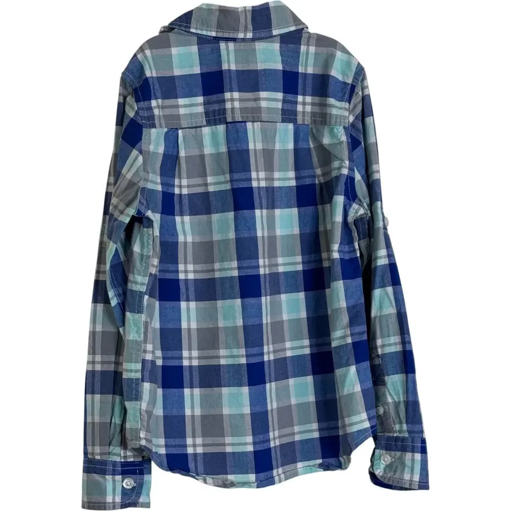 The Children's Place Boys Button-Up Shirt 5/6 Blue Gray Plaid Long Sleeve Cotton